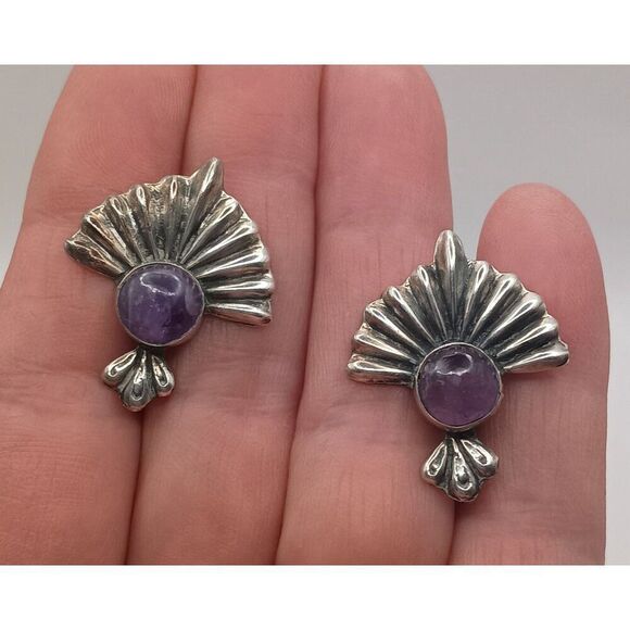Vintage 1940s Mexico Silver Amethyst Earrings Screw Back Art Deco Style - Picture 3 of 8